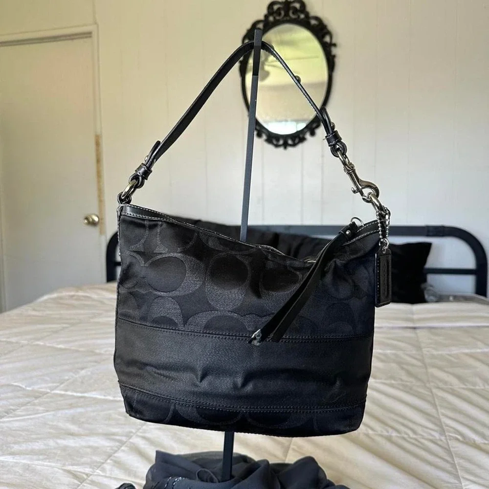 Coach black monogram canvas hobo shoulder bag blue satin interior y2k vintage
